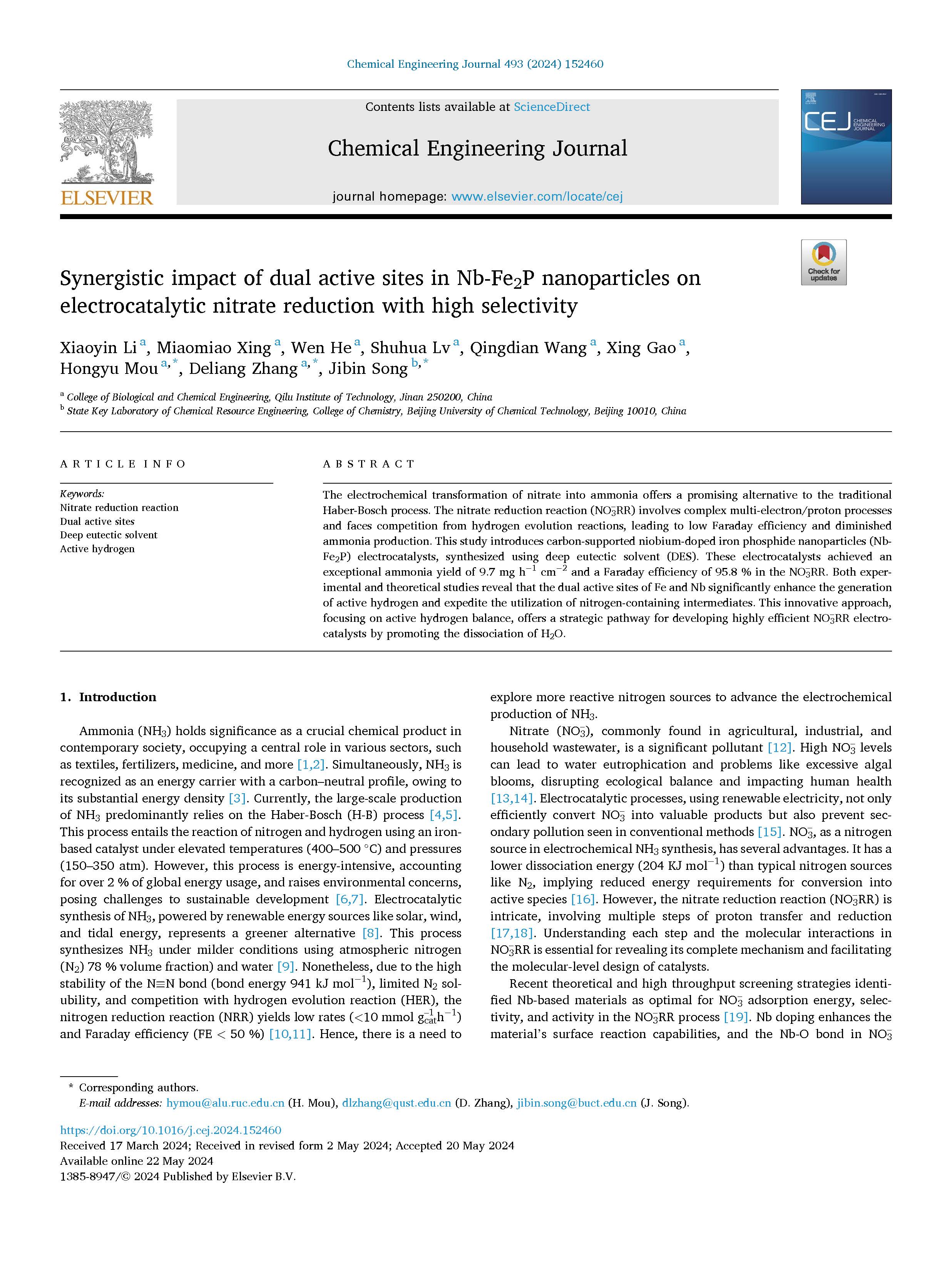 生物与化学工程学院李晓茵在《Chemical Engineering Journal》发表论文